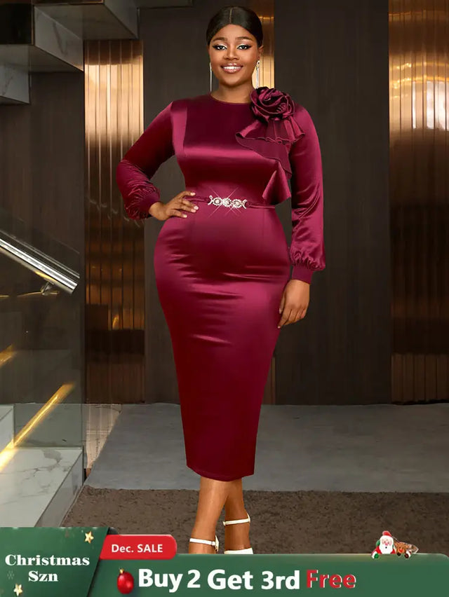 AOMEIDRESS Elegant Party Wedding Dress with 3D Flower Rhinestone Belt Wine / S