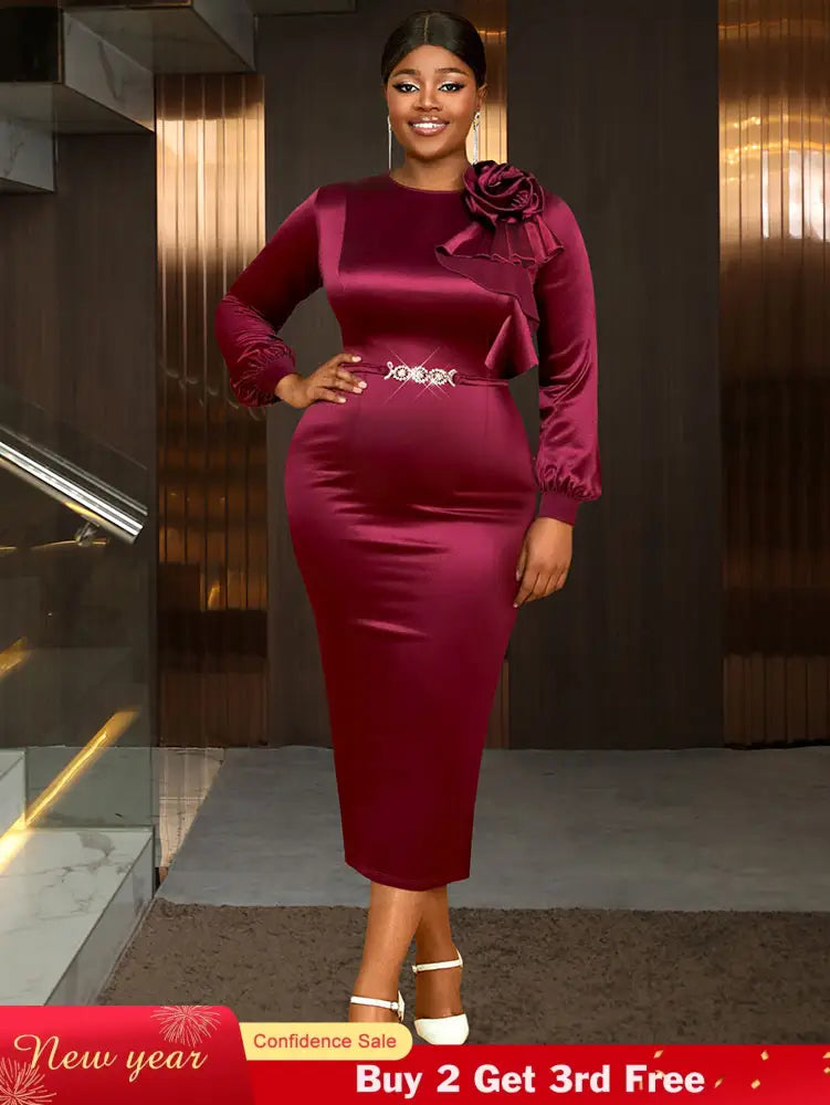 AOMEIDRESS Elegant Party Wedding Dress with 3D Flower Rhinestone Belt Wine / S