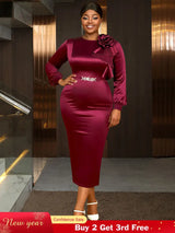 AOMEIDRESS Elegant Party Wedding Dress with 3D Flower Rhinestone Belt Wine / S