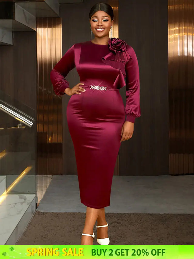 AOMEIDRESS Elegant Party Wedding Dress with 3D Flower Rhinestone Belt Wine / S