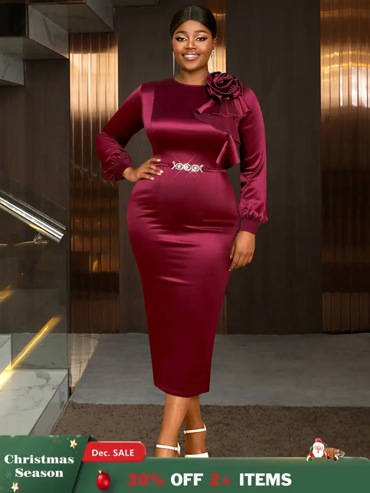 AOMEIDRESS Elegant Party Wedding Dress with 3D Flower Rhinestone Belt Wine / S