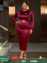 AOMEIDRESS Elegant Party Wedding Dress with 3D Flower Rhinestone Belt Wine / S