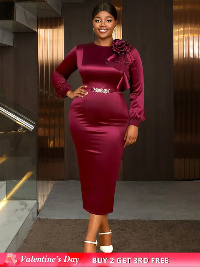 AOMEIDRESS Elegant Party Wedding Dress with 3D Flower Rhinestone Belt Wine / S