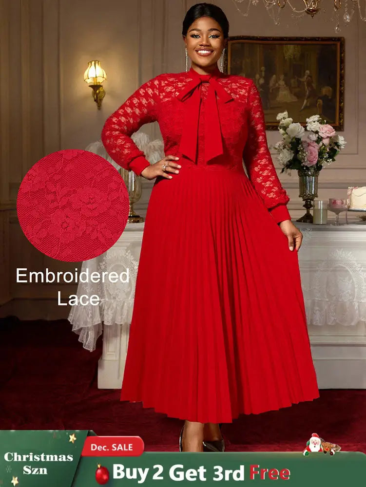 AOMEIDRESS Elegant Party Wedding Dress with Bow A Line Pleated Lace Red / S