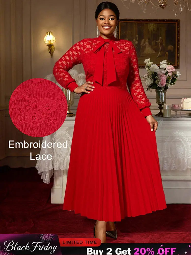 AOMEIDRESS Elegant Party Wedding Dress with Bow A Line Pleated Lace Red / S