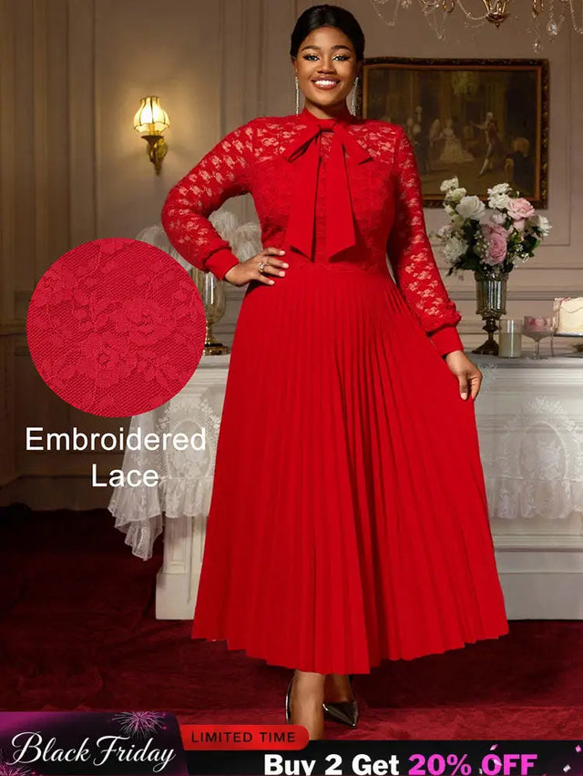 AOMEIDRESS Elegant Party Wedding Dress with Bow A Line Pleated Lace Red / S