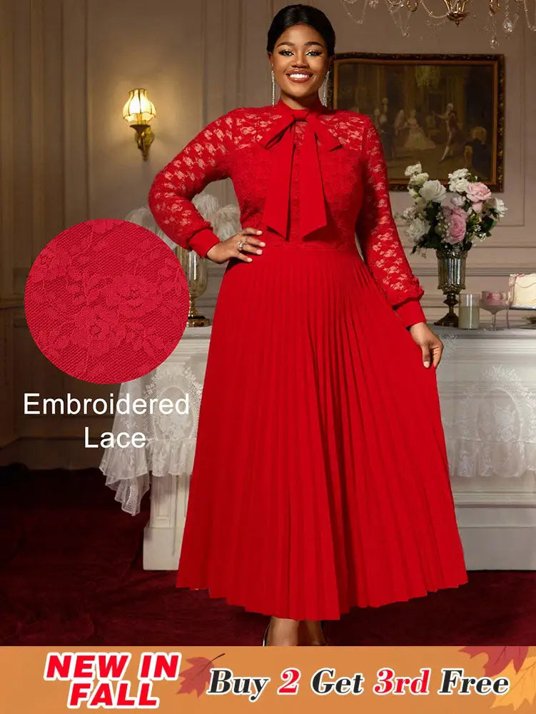 AOMEIDRESS Elegant Party Wedding Dress with Bow A Line Pleated Lace Red / S