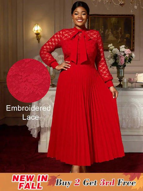 AOMEIDRESS Elegant Party Wedding Dress with Bow A Line Pleated Lace Red / S