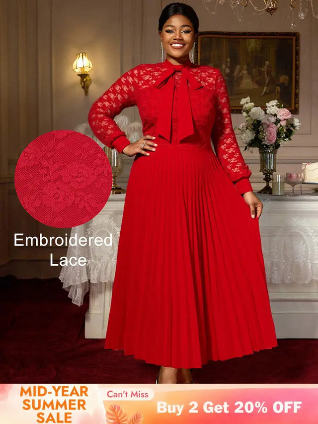 AOMEIDRESS Elegant Party Wedding Dress with Bow A Line Pleated Lace Red / S