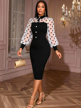 AOMEIDRESS Elegant Pencil Dress Dot Sheer Puff Sleeve Button Gowns