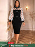 AOMEIDRESS Elegant Pencil Dress Dot Sheer Puff Sleeve Button Gowns Black / S