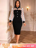 AOMEIDRESS Elegant Pencil Dress Dot Sheer Puff Sleeve Button Gowns Black / S