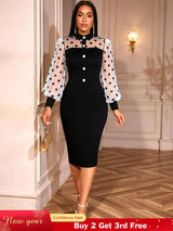 AOMEIDRESS Elegant Pencil Dress Dot Sheer Puff Sleeve Button Gowns Black / S