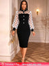AOMEIDRESS Elegant Pencil Dress Dot Sheer Puff Sleeve Button Gowns Black / S