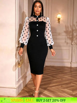 AOMEIDRESS Elegant Pencil Dress Dot Sheer Puff Sleeve Button Gowns Black / S
