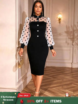 AOMEIDRESS Elegant Pencil Dress Dot Sheer Puff Sleeve Button Gowns Black / S
