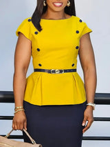 AOMEIDRESS Elegant Pencil Dress O Neck Short Sleeve Peplum Belly Cover