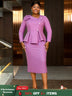 AOMEIDRESS Elegant Peplum Dress with Long Sleeve for Church Office Purple / S