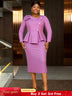 AOMEIDRESS Elegant Peplum Dress with Long Sleeve for Church Office Purple / S