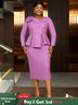 AOMEIDRESS Elegant Peplum Dress with Long Sleeve for Church Office Purple / S