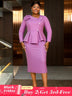 AOMEIDRESS Elegant Peplum Dress with Long Sleeve for Church Office Purple / S