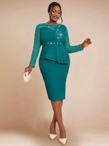 AOMEIDRESS Elegant Peplum Lace Dress with Beading for Church Office