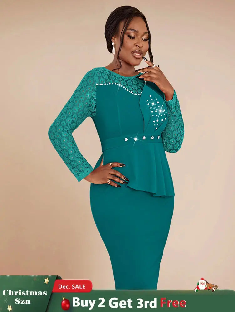 AOMEIDRESS Elegant Peplum Lace Dress with Beading for Church Office Green / S