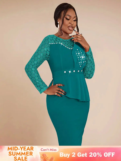 AOMEIDRESS Elegant Peplum Lace Dress with Beading for Church Office Green / S
