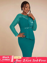 AOMEIDRESS Elegant Peplum Lace Dress with Beading for Church Office Green / S