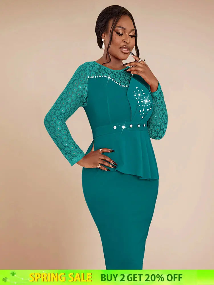 AOMEIDRESS Elegant Peplum Lace Dress with Beading for Church Office Green / S