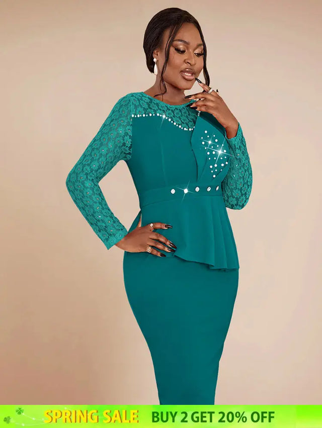 AOMEIDRESS Elegant Peplum Lace Dress with Beading for Church Office Green / S
