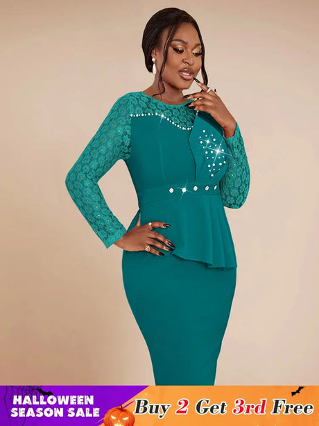 AOMEIDRESS Elegant Peplum Lace Dress with Beading for Church Office Green / S