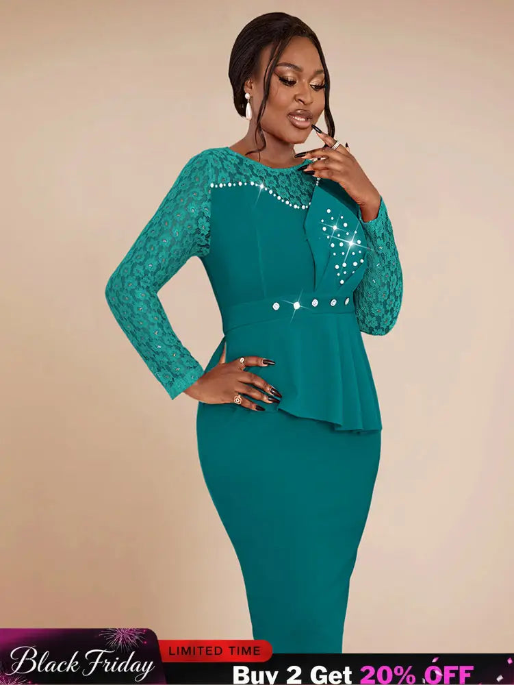 AOMEIDRESS Elegant Peplum Lace Dress with Beading for Church Office Green / S