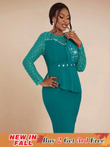 AOMEIDRESS Elegant Peplum Lace Dress with Beading for Church Office Green / S