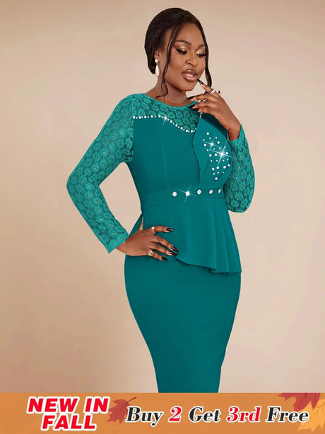 AOMEIDRESS Elegant Peplum Lace Dress with Beading for Church Office Green / S