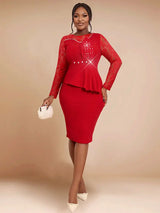 AOMEIDRESS Elegant Peplum Lace Dress with Beading for Church Office Red / S