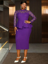 AOMEIDRESS Elegant Peplum Lace Dress with Long Sleeve for Party Church