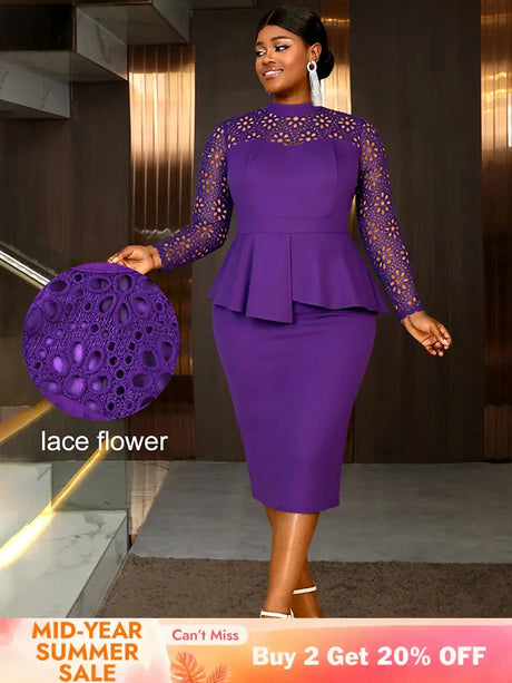 AOMEIDRESS Elegant Peplum Lace Dress with Long Sleeve for Party Church DP / S