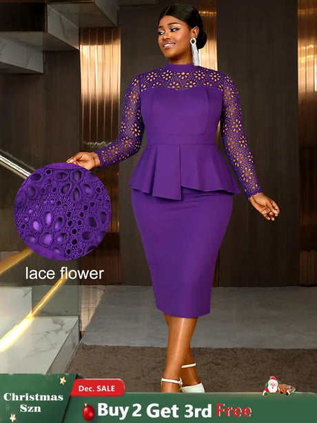 AOMEIDRESS Elegant Peplum Lace Dress with Long Sleeve for Party Church DP / S