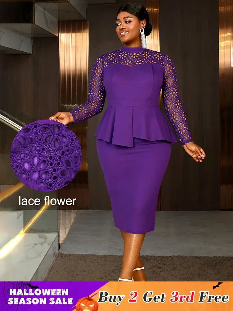 AOMEIDRESS Elegant Peplum Lace Dress with Long Sleeve for Party Church DP / S
