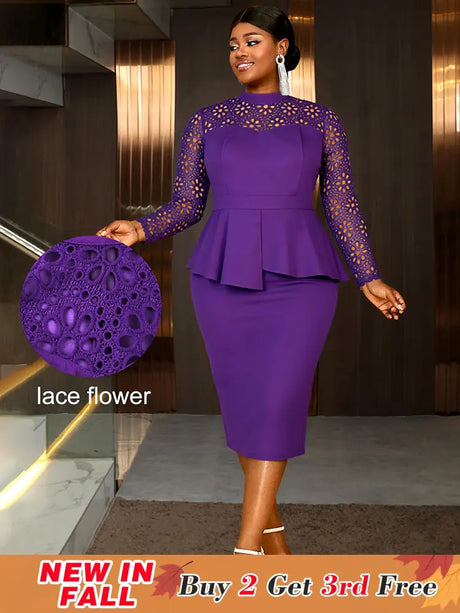 AOMEIDRESS Elegant Peplum Lace Dress with Long Sleeve for Party Church DP / S
