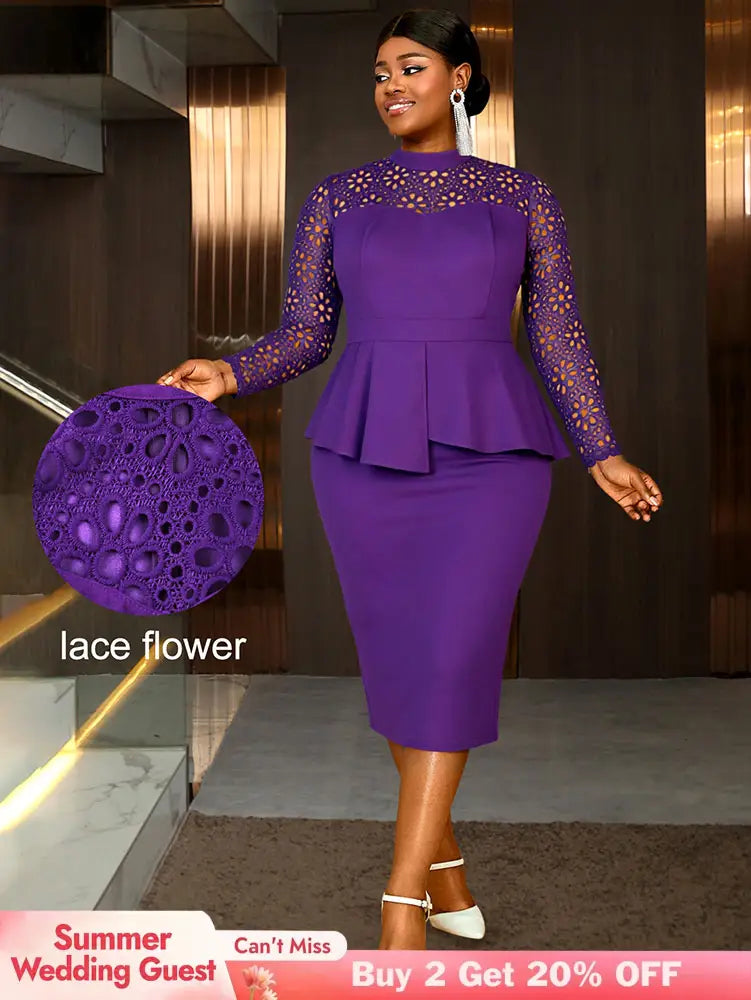 AOMEIDRESS Elegant Peplum Lace Dress with Long Sleeve for Party Church DP / S