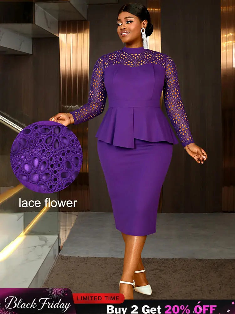 AOMEIDRESS Elegant Peplum Lace Dress with Long Sleeve for Party Church DP / S