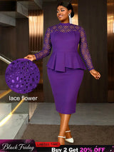 AOMEIDRESS Elegant Peplum Lace Dress with Long Sleeve for Party Church DP / S