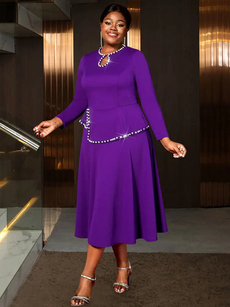 AOMEIDRESS Elegant Peplum Midi Dress with Beading for Party Church