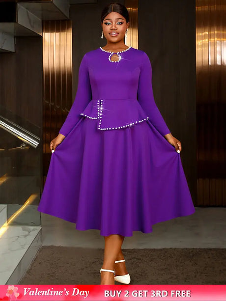 AOMEIDRESS Elegant Peplum Midi Dress with Beading for Party Church DarkPurple / S