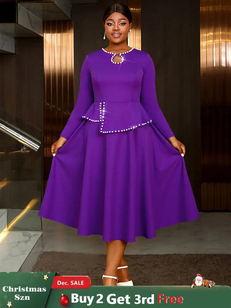 AOMEIDRESS Elegant Peplum Midi Dress with Beading for Party Church DarkPurple / S