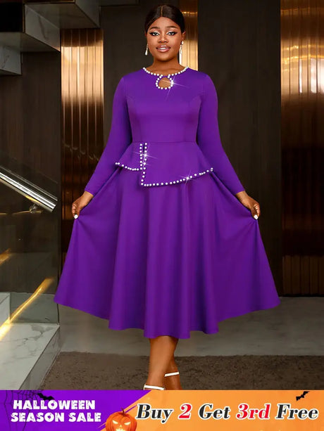 AOMEIDRESS Elegant Peplum Midi Dress with Beading for Party Church DarkPurple / S