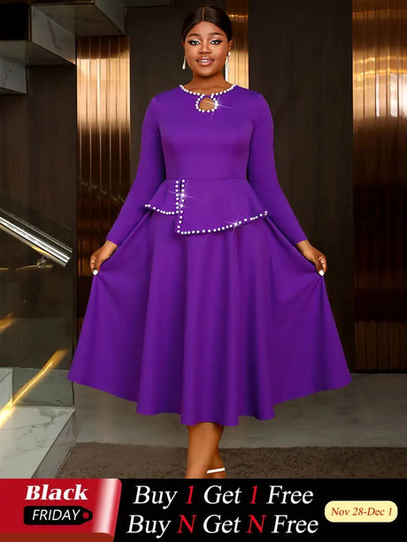 AOMEIDRESS Elegant Peplum Midi Dress with Beading for Party Church DarkPurple / S