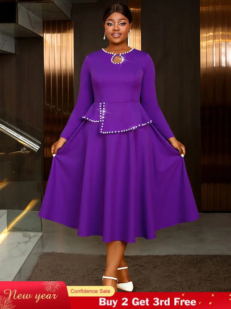 AOMEIDRESS Elegant Peplum Midi Dress with Beading for Party Church DarkPurple / S
